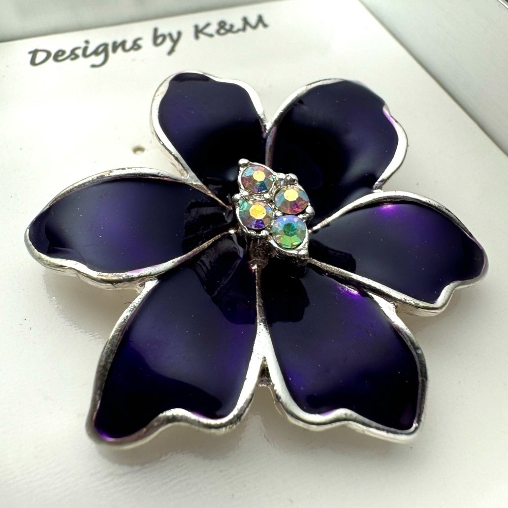 Designs By K&M Purple Flower Brooch Pin Rhinestone Enamel Silver Statement Piece